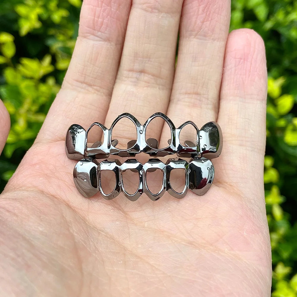 RACHELZ Hip Hop Gold Plated Teeth Grillz Fashion Top Bottom Hollow Tooth Cap Dental Grills For Men Women Jewelry Party Gift