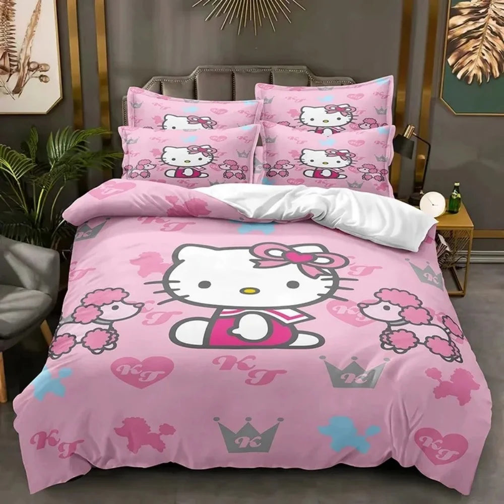 Sanrio Hello Kitty Cartoon Big Size Bedding Set Pink Cats Kawaii Duvet Cover For Girl Kids Single Decor Home Bedclothes Custom