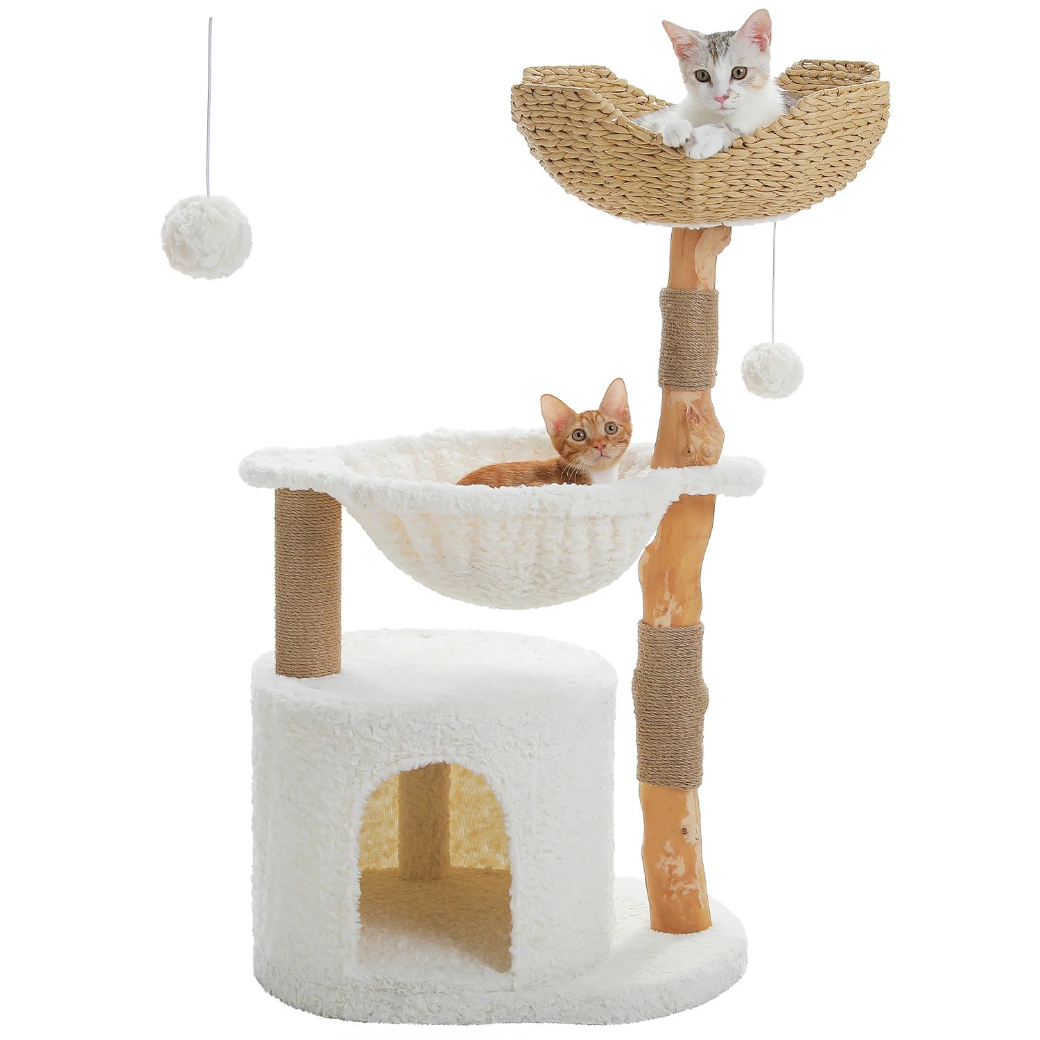 Modern Cat Tree Tower with Natural Solid Wood Scratching Posts Spacious Wicker Basket Luxury Cat Condo Bed for Indoor Cat Toys