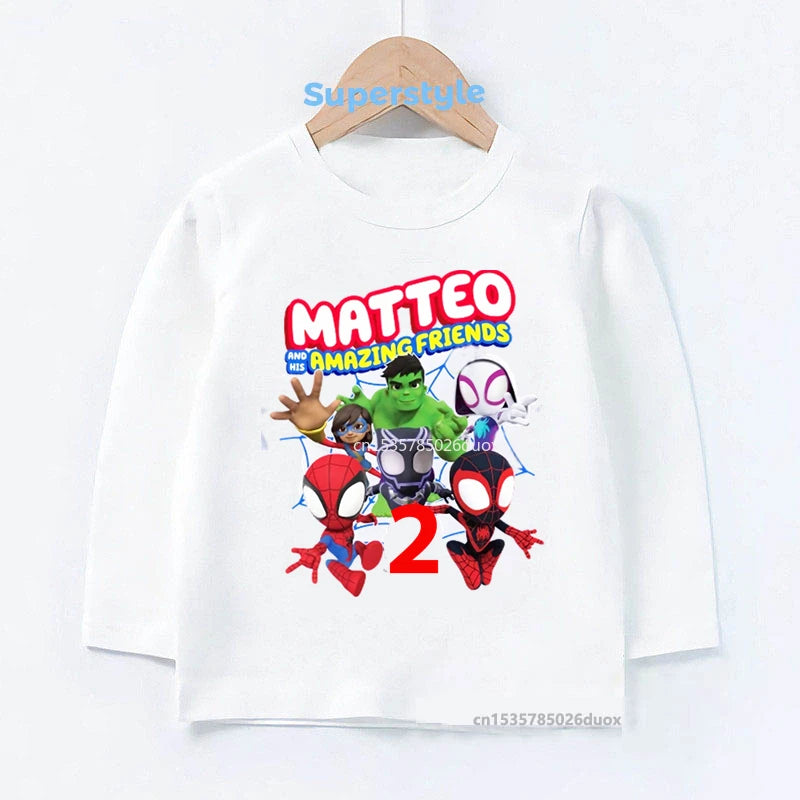 Spidey and His Amazing Friends Birthday Spring Bottoming Kids Shirts 2-9 Years Personalize Name Birthday Boy Long Sleeve T-shirt