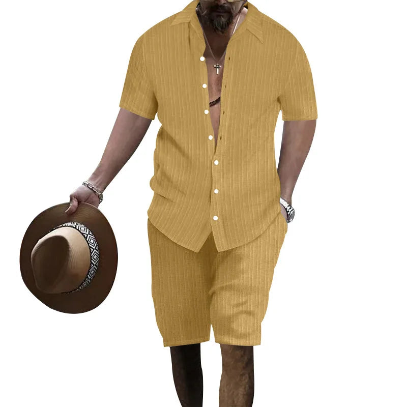 Summer European and American Style Men's Clothing Short Sleeve Cardigan Suit Men's Casual Loose Short Sleeves Shorts Beach Suit