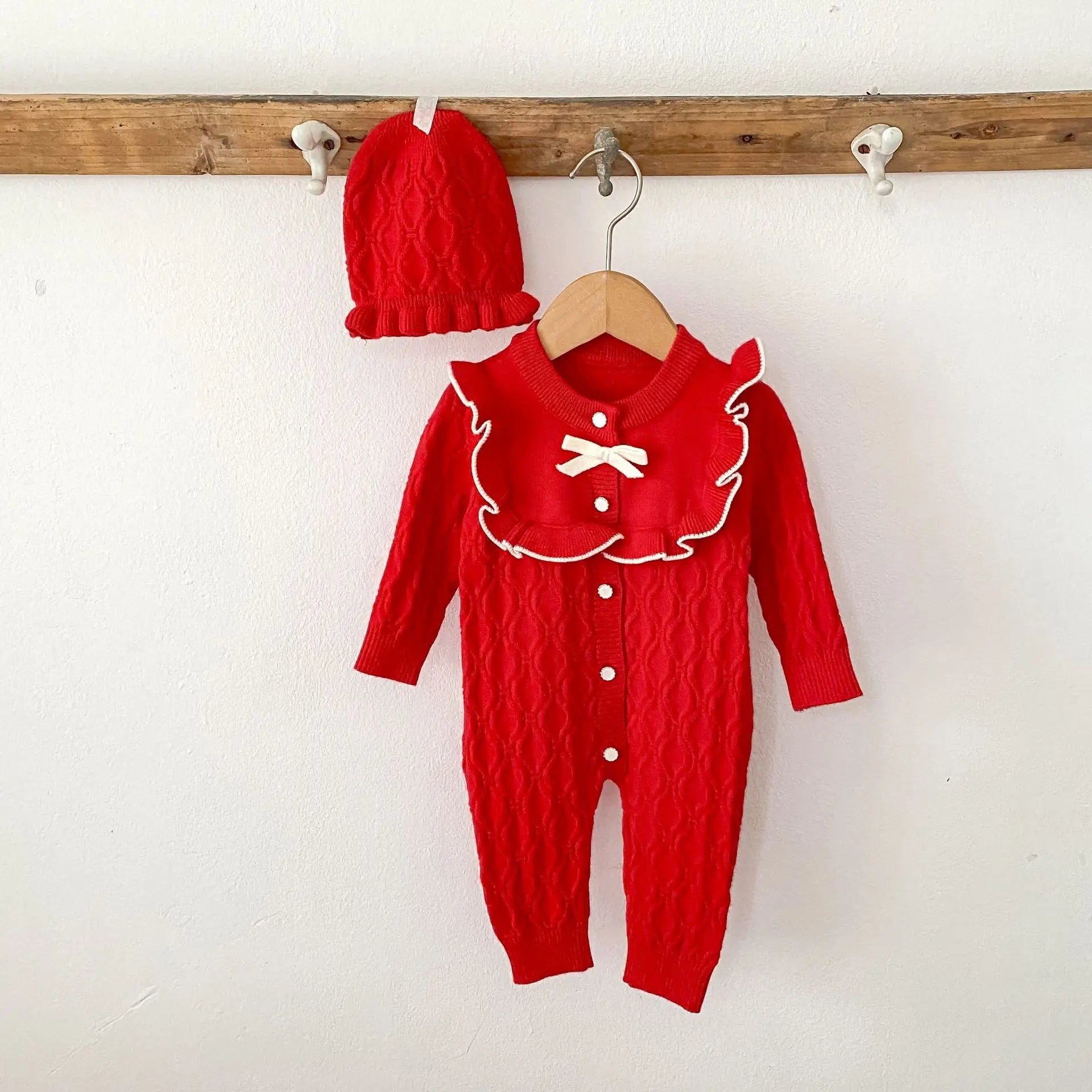 Christmas Baby Rompers Clothes Hat Autumn Winter Knitted Bow Newborn Girls Jumpsuits Fashion Solid Plain Toddler Kids Rompers