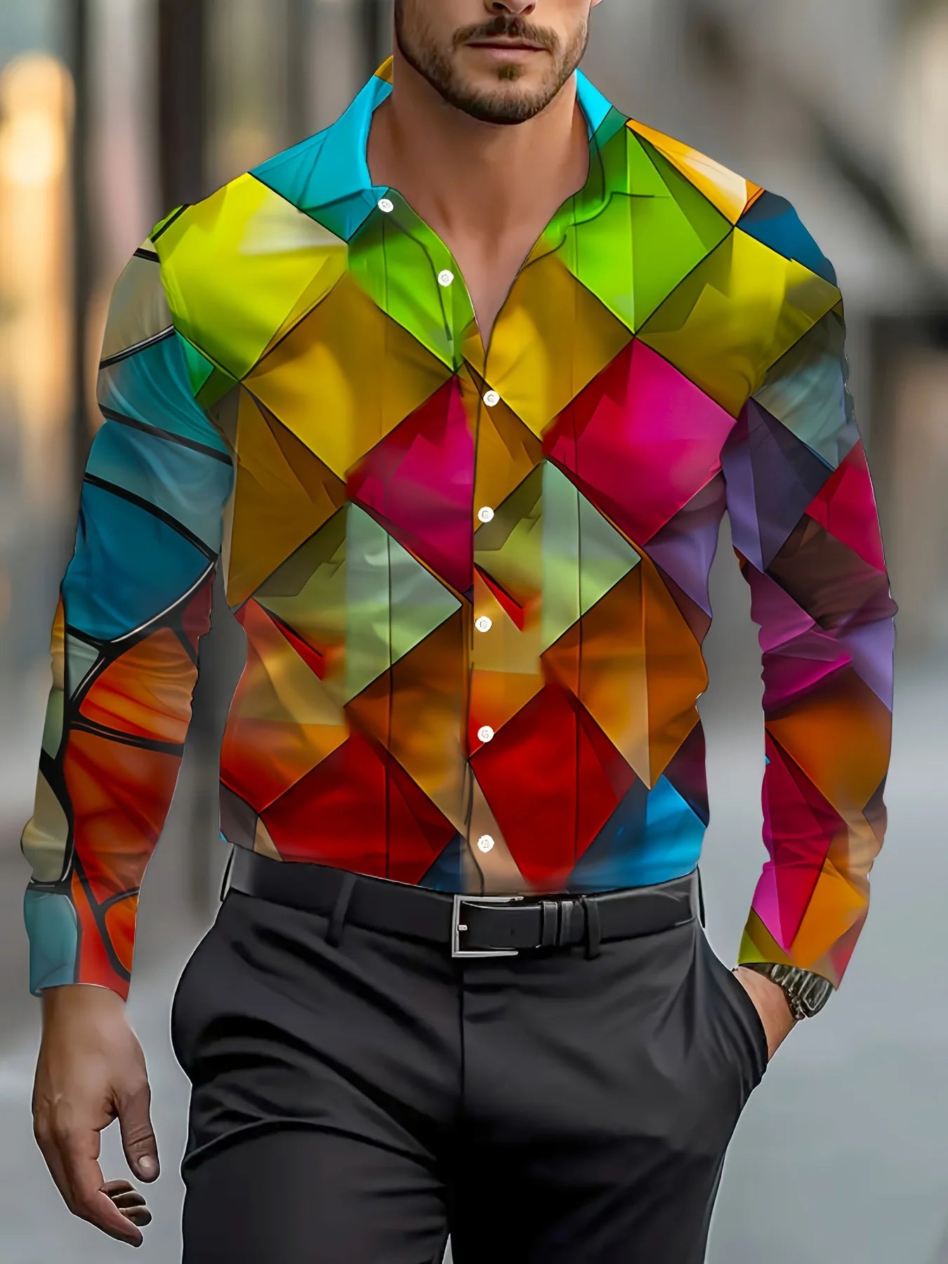 Men's long-sleeved shirts, bold abstract prints - bright colour-block designs, classic peak lapels and button-down plackets