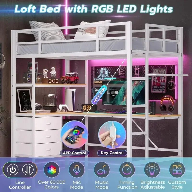 Lit mezzanine avec bureau en forme de L, lumières LED, station de recharge, étagères de rangement et tiroirs en tissu, ensemble de chambre à coucher, meubles de lits superposés