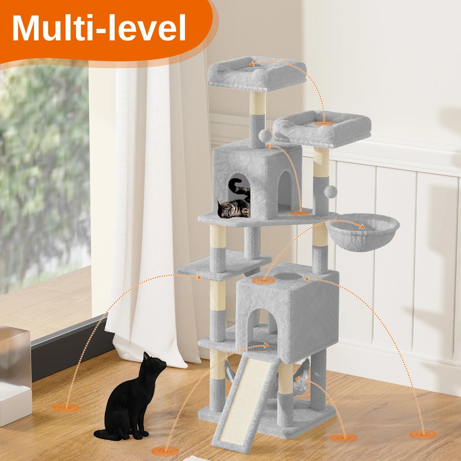 Oak & Tea Cat scratching post 158cm Climbing Tower with 7 Scratching Pillars, 2 Houses & 2 Hammocks for Domestic Cats
