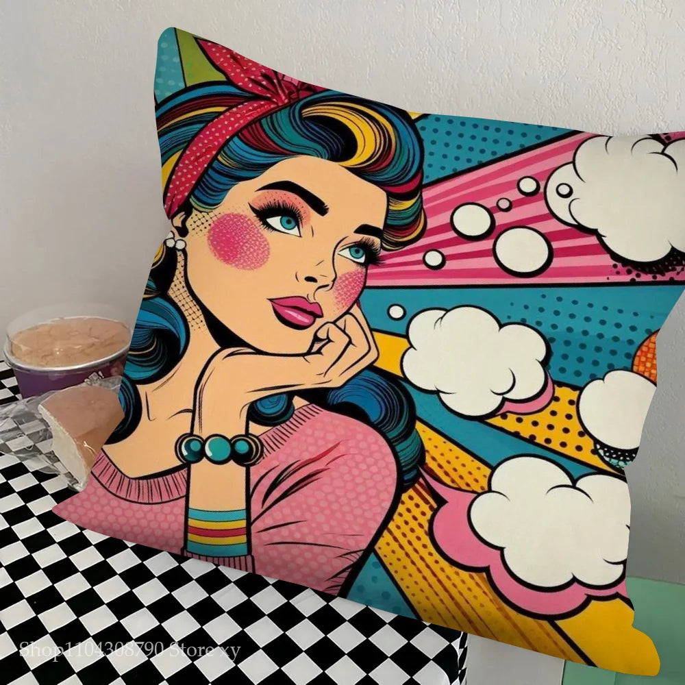 1pc Colorful Pop Art Canvas Comic Woman Pillow Case Square Bedroom Sofa Leisure Comfort Cushion Car Living Room Home Decoration