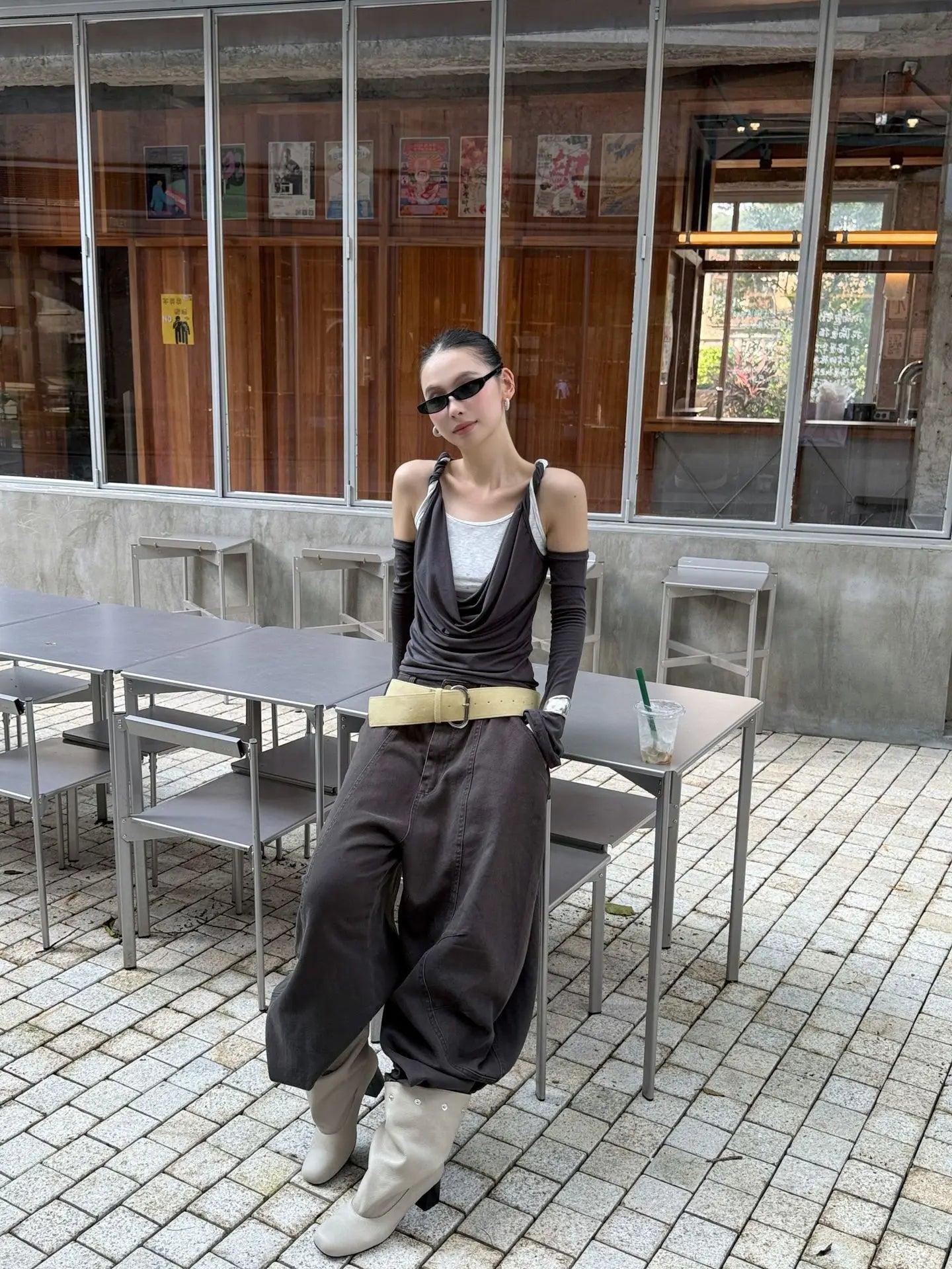 DEAT Fashion Splicing Silhouette Curved Jeans Women's High Waist Loose Wide Leg Denim Pants Autumn New 7A1005