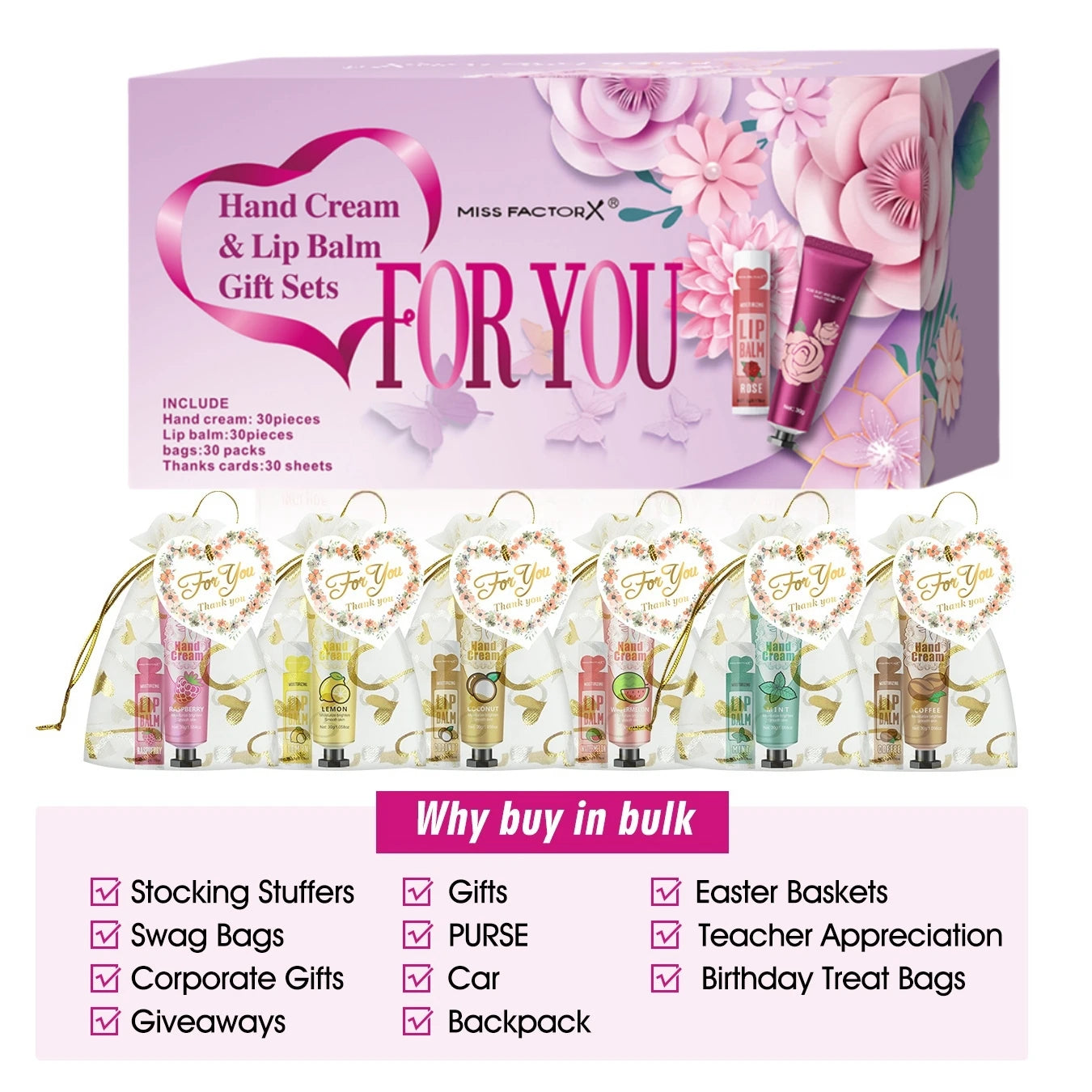 Gift set 30 sets/box hand cream and lip balm set for guests bridal wedding gift with love mesh bag and thank you card