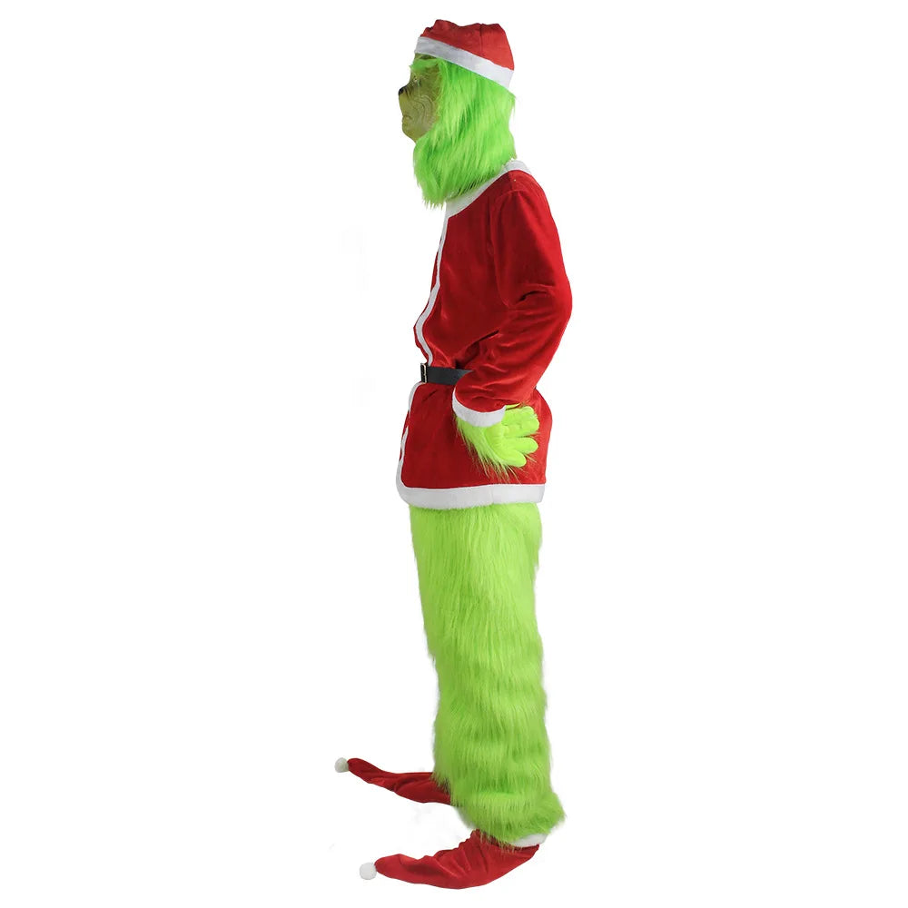 Merry Christmas Grinch Cosplay Costumes Green Thief Plush Mask Pants Gloves Red Santa Claus Hat Tops Socks Holiday Set Xmas Gift