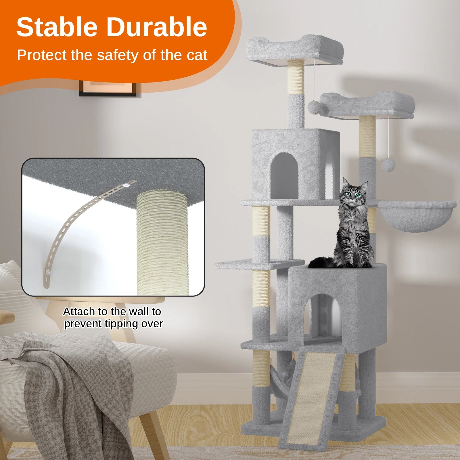 Oak & Tea Cat scratching post 158cm Climbing Tower with 7 Scratching Pillars, 2 Houses & 2 Hammocks for Domestic Cats