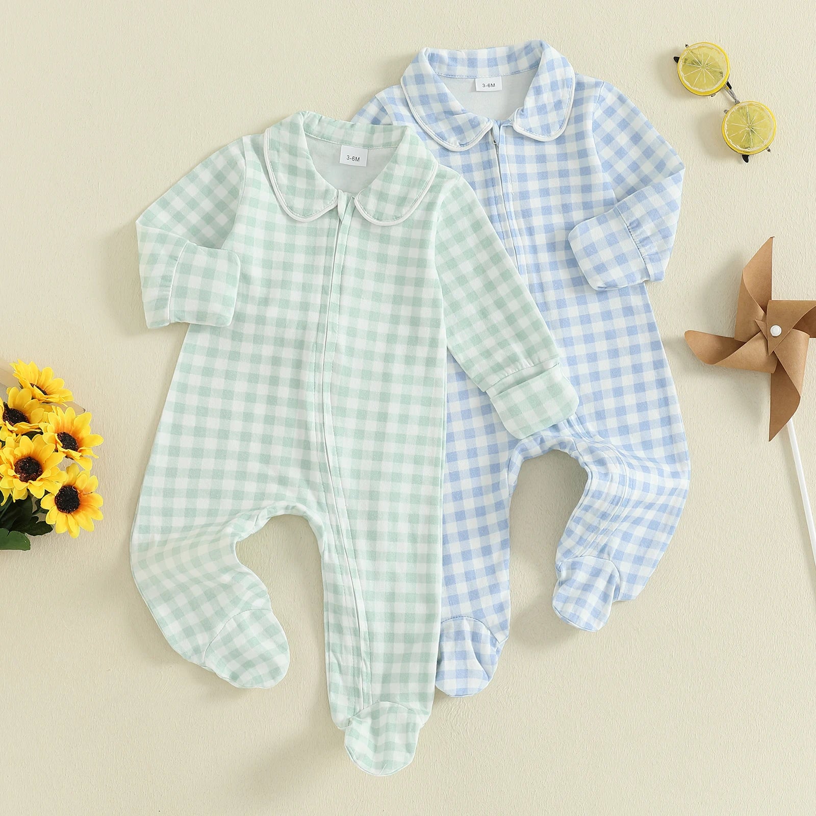 Pudcoco Infant Newborn Baby Fall Romper Plaid Print Doll Collar Long Sleeve Zip Up Footed Jumpsuit 0-6M