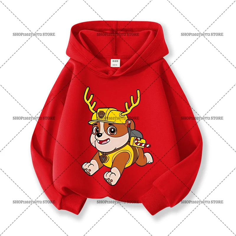 Paw Patrols Christmas Baby Hoodies Cute Anime Print Long Sleeved Child Red Top Pullover Casual Sweatshirt Kids Clothes Xmas Gift