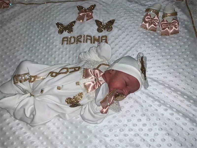 Customized Baby Name Newborn Pink Crown Jewels Gift Set 3pcs Outfits Pajamas Receiving Blanket Welcome Home Ceremonial dress