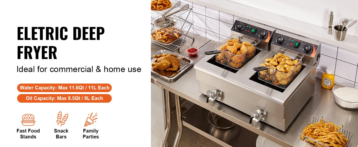 VEVOR  12L 5000W Electric Deep Fryer w/Dual Removable Tanks Commercial Countertop  Fryer for Chicken French Fries Frying Chips