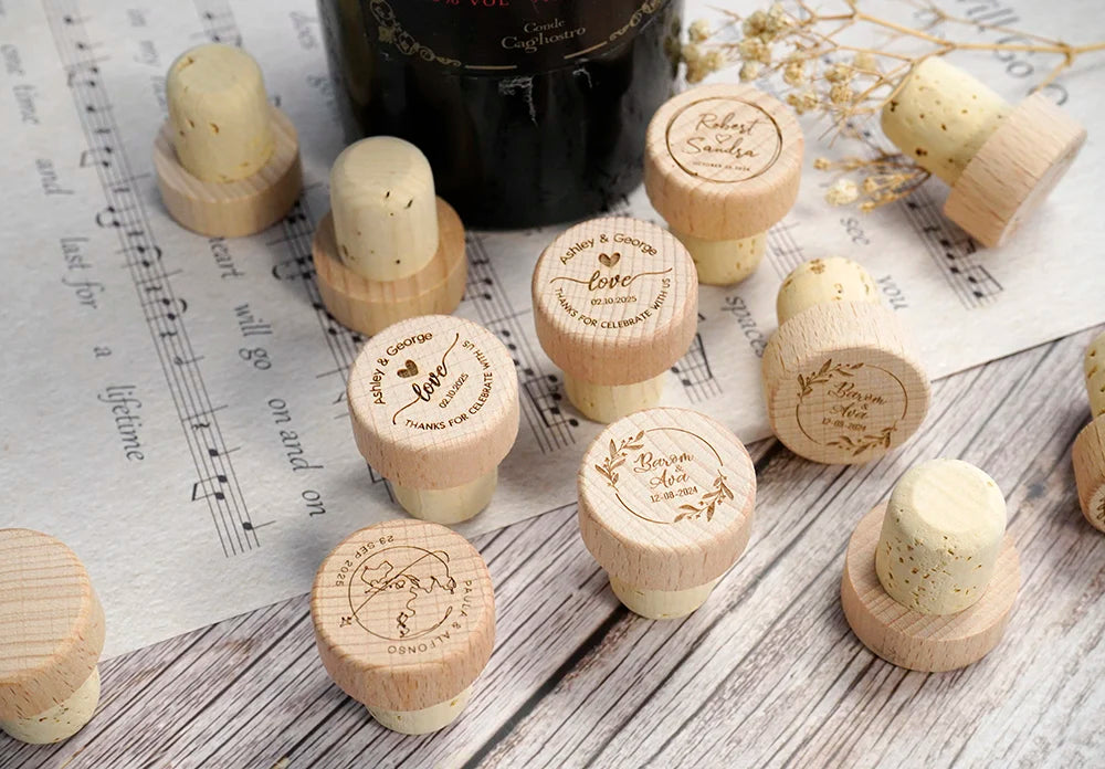 Custom 10/50/100pcs Wine Cork Stoppers Wedding Party Thank You Favors for Guest Engraved Wooden Bottle Cork Stopper