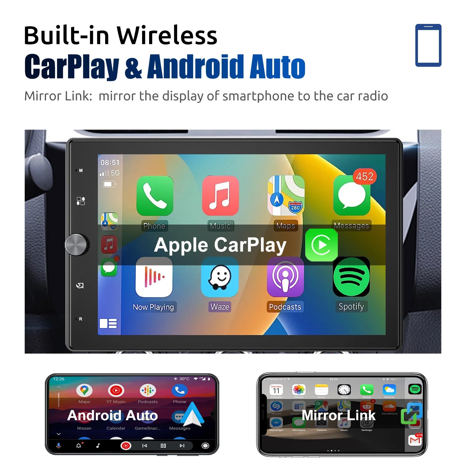 ESSGOO 10.4" Car Stereo Single DIN Wireless CarPlay Android Auto Rotatable Touch Screen Bluetooth GPS Nav Radio Player Head Unit