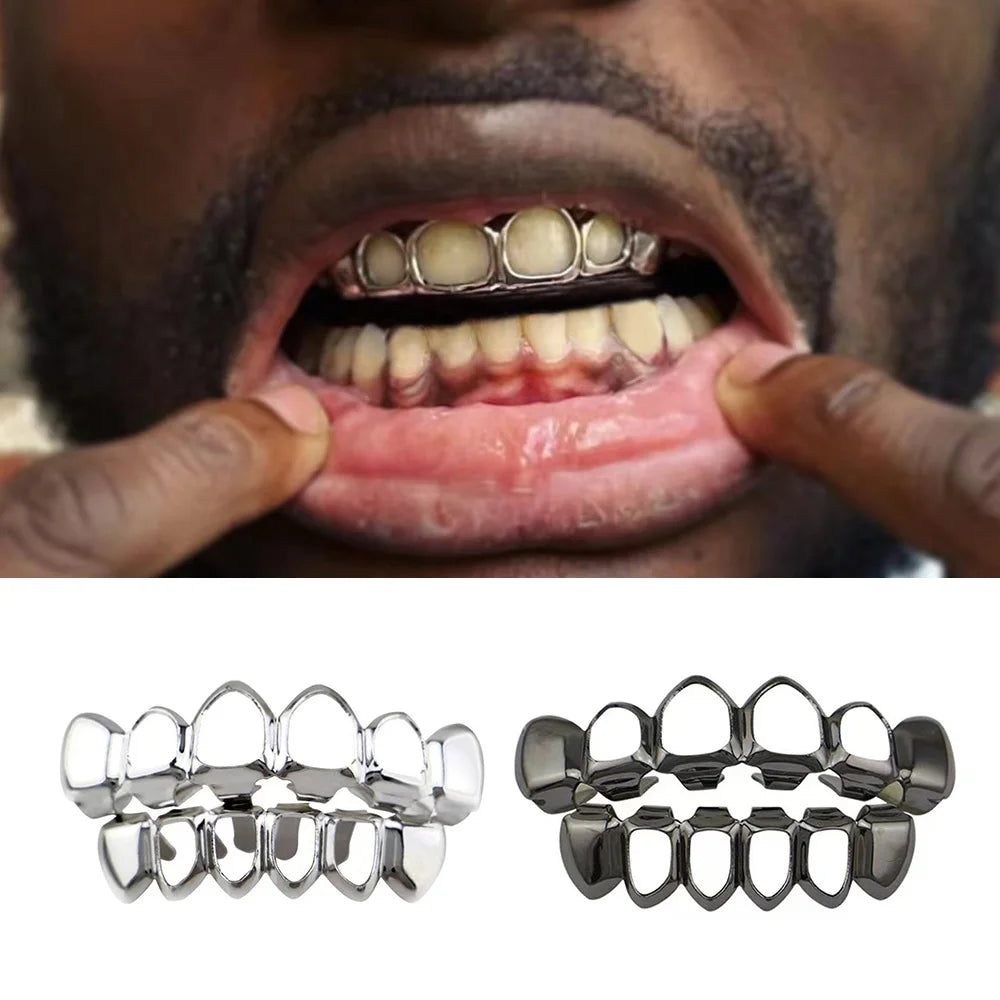 RACHELZ Hip Hop Gold Plated Teeth Grillz Fashion Top Bottom Hollow Tooth Cap Dental Grills For Men Women Jewelry Party Gift