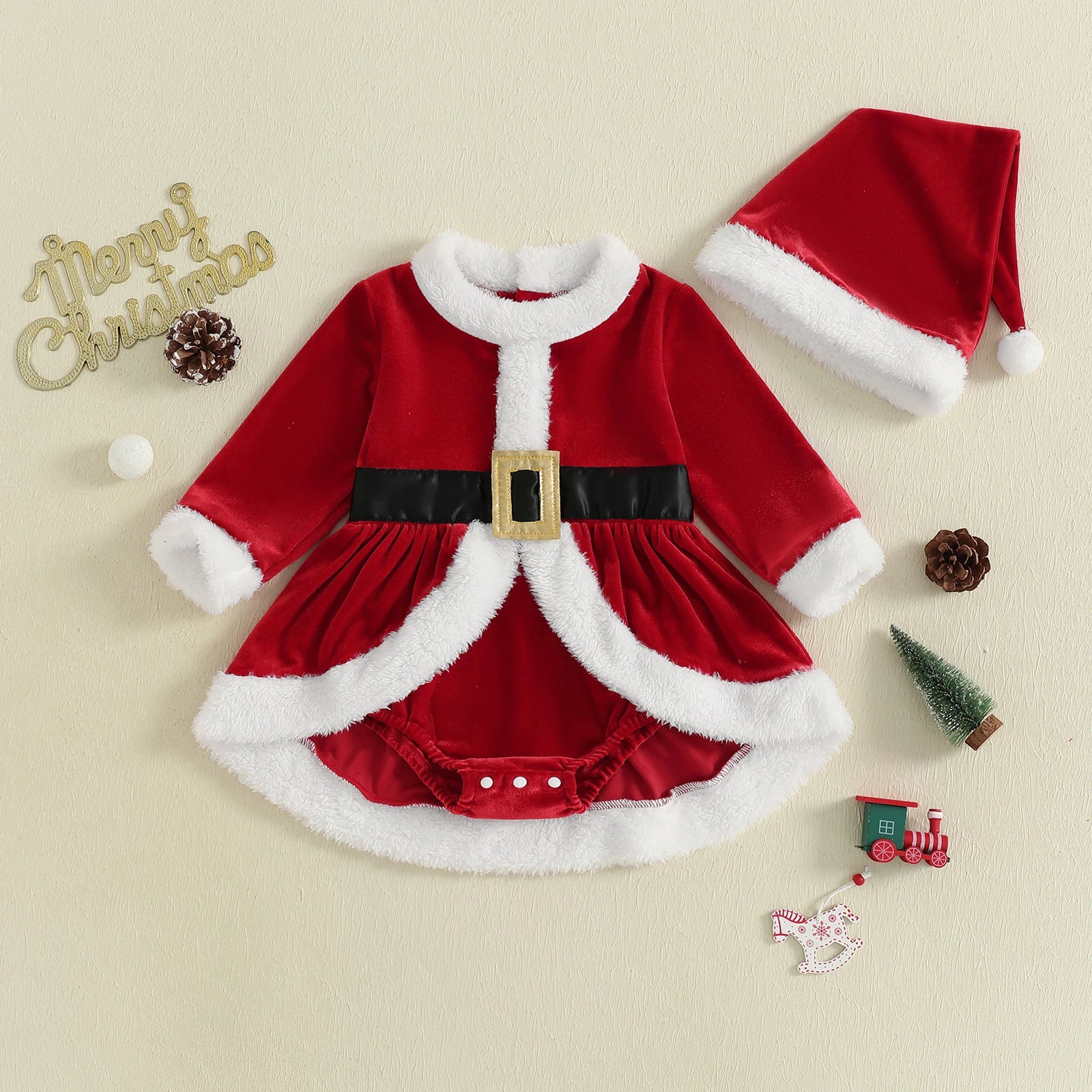 Baby Girl Christmas Outfit Plush Long Sleeve Romper Dress Hat Santa Costume 2 Piece Set