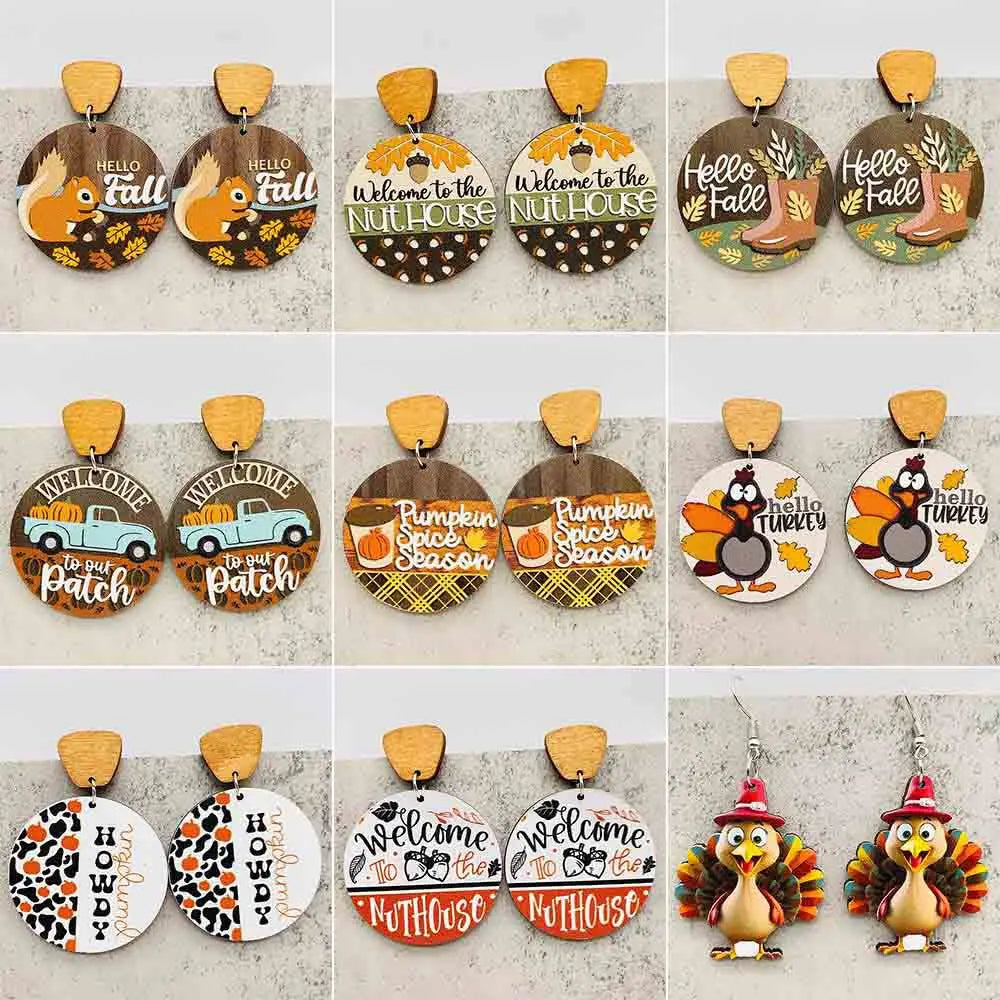 New Autumn Baseball Wooden Earrings Turkey Turquoise Pineapple Pumpkin Truck Vintage Earrings for Women Thanksgiving Gifts