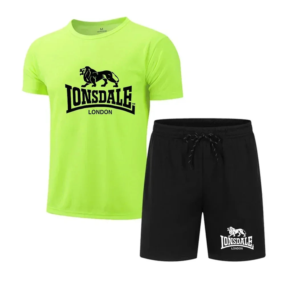 Men's summer T-shirt+shorts mesh set Lonsdale printed quick drying breathable sports set short jogging gym casual sportswear