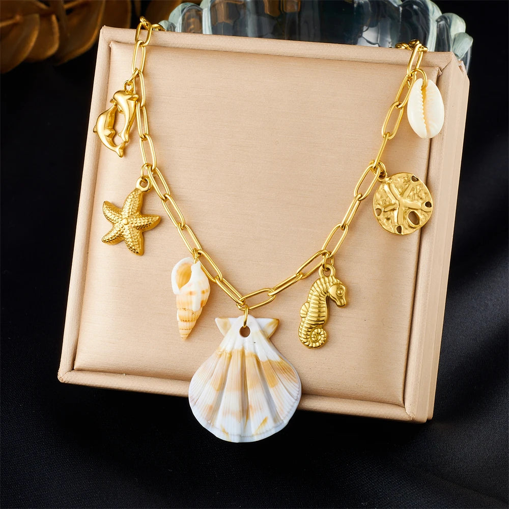 316 Stainless Steel Sea Star Conch Dolphin Shell Pendant  Necklace Lady New Fashion Trend Neck Chain Jewelry Party Gift