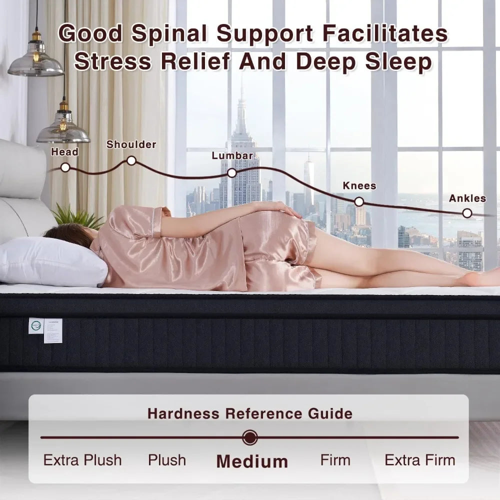 Matelas Queen, matelas Queen Size dans une boîte, matelas hybride en mousse à mémoire de forme avec ressorts ensachés individuels pour l'isolation du mouvement