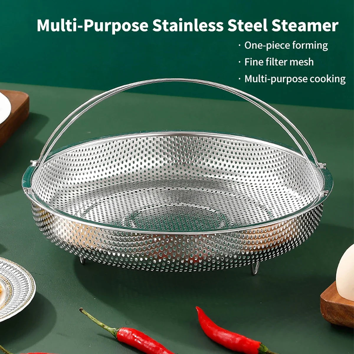 1pc Stainless Steel Multi-Functional Steamer Basket, Uncharged Kitchen Strainer for Steaming Rice, Dumplings, and Vegetables