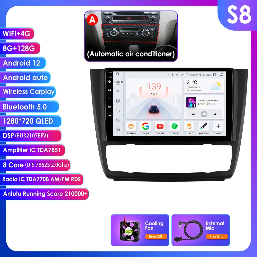 Hizpo 9inch 2Din Android13 Car Radio for BMW 1 Series E81 E82 E87 E88 AT MT Navigation GPS RDS DSP Android Auto CarPlay 360° CAM