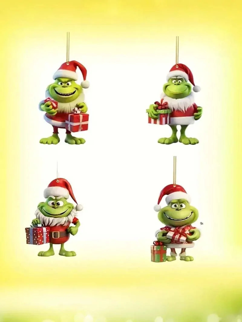 4Pc Christmas Decoration Grinch Collection: Multi-functional Ornaments for Cars, Christmas Trees, and Backpacks
