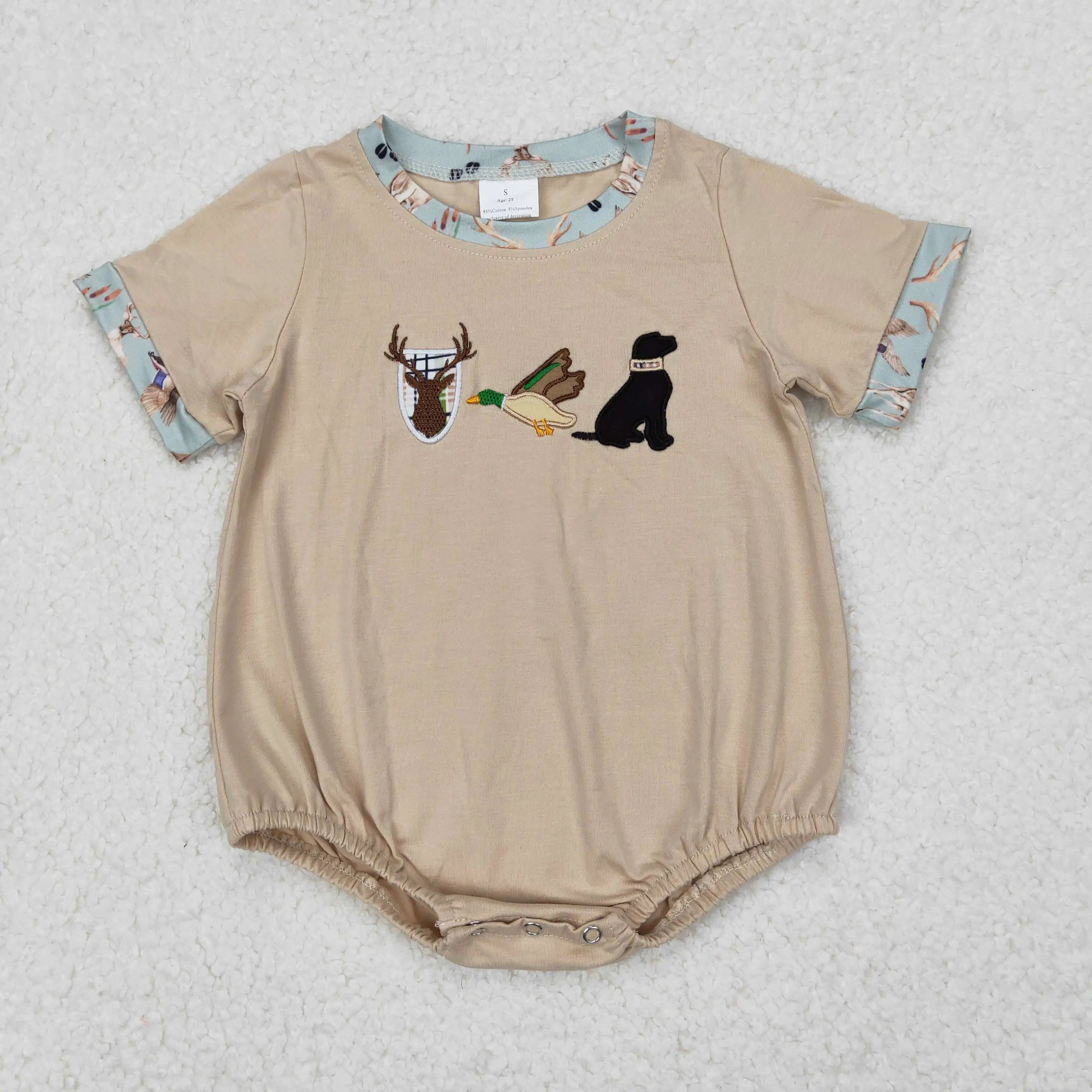 Wholesale Kids Children Short Sleeves Onesie Newborn Toddler Cotton Embroidery Baby Infant Boys Hunting Deer Duck Dog Rompers