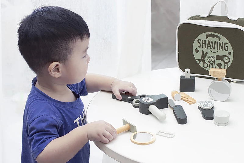 Kids Wooden Makeup Haircut Toy Beauty Fashion Salon Playset Games Combs Hair Dryer Pretend Play House Barber Makeup Kit Girl Toy