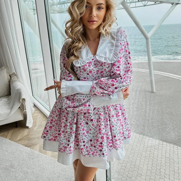 Tossy Ruffled Fashion Printed Mini Dress For Women V-Neck Patchwork Contrast Slim Long Sleeve Party Dress Female Bodycon Dress