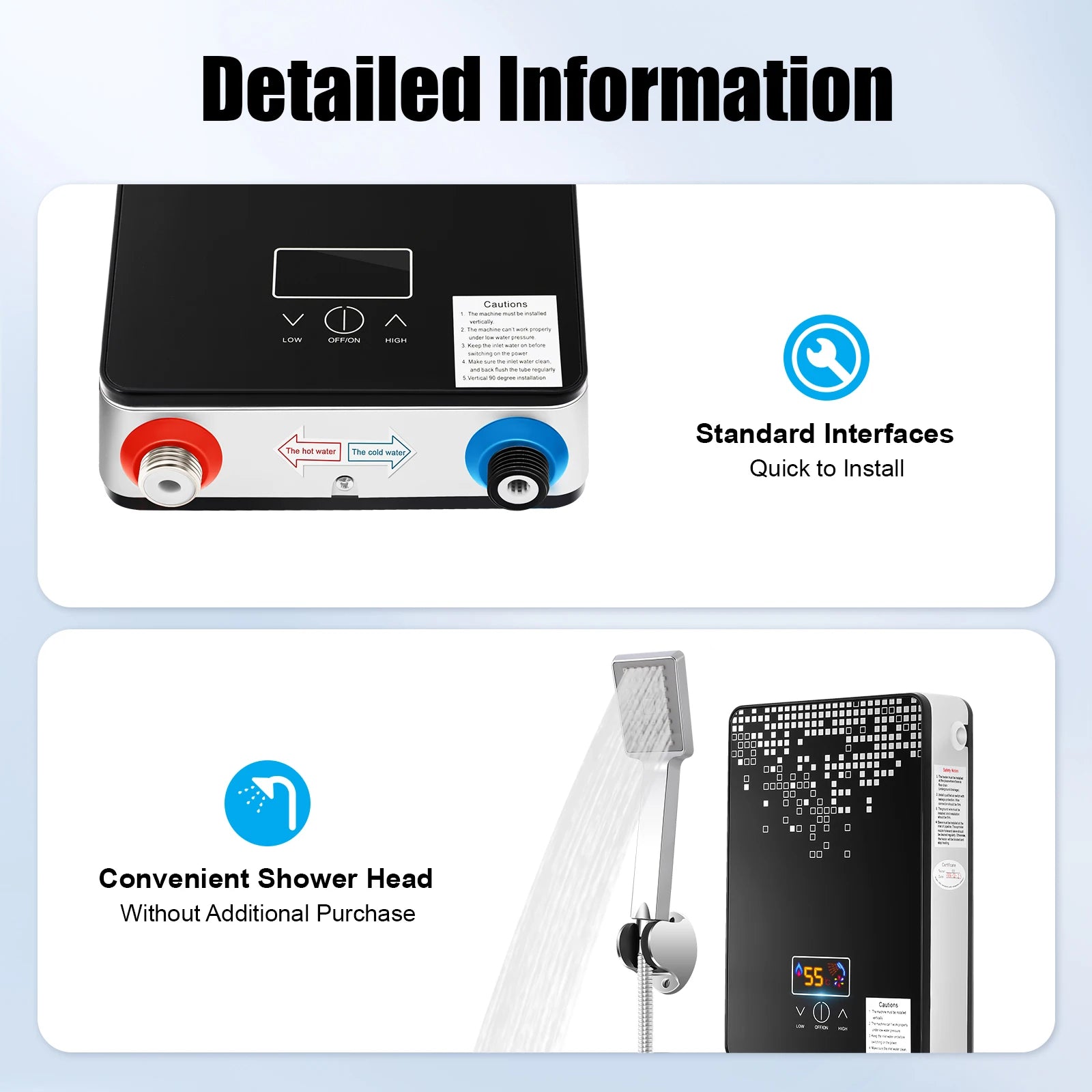6500W Instant Electric Water Heater LED Touch Screen 86-131°F 3-second Heating 220V Tankless Water Heater with Shower Kit