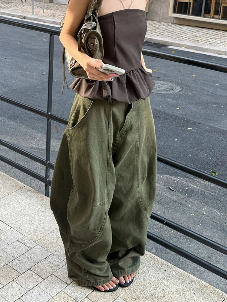 DEAT Fashion Splicing Silhouette Curved Jeans Women's High Waist Loose Wide Leg Denim Pants Autumn New 7A1005