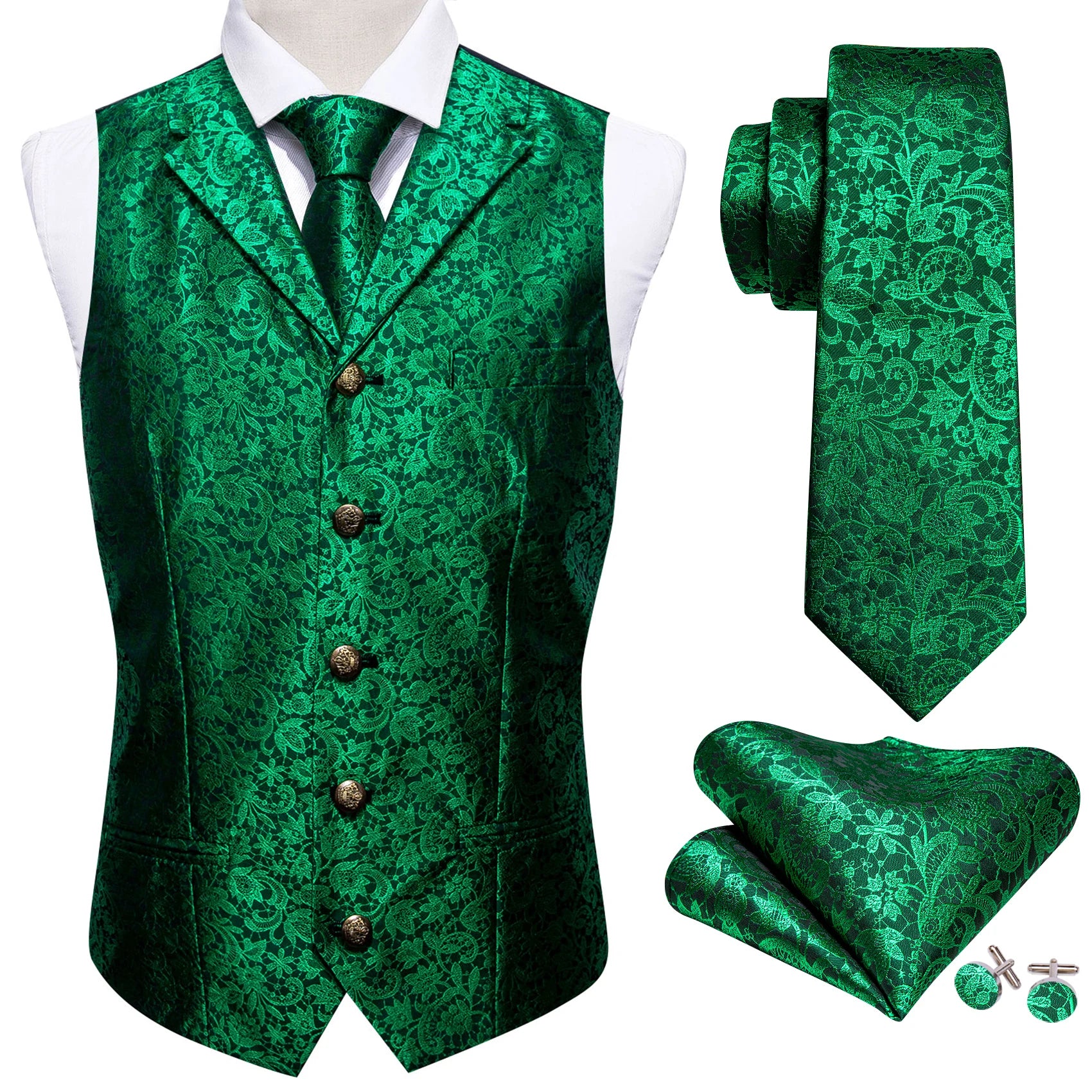 Elegant Vest for Men Silk Green Paisley Plaid Flower Slim Fit Male Suit Embroidered Waistcoat Dress Formal Jacket Barry Wang