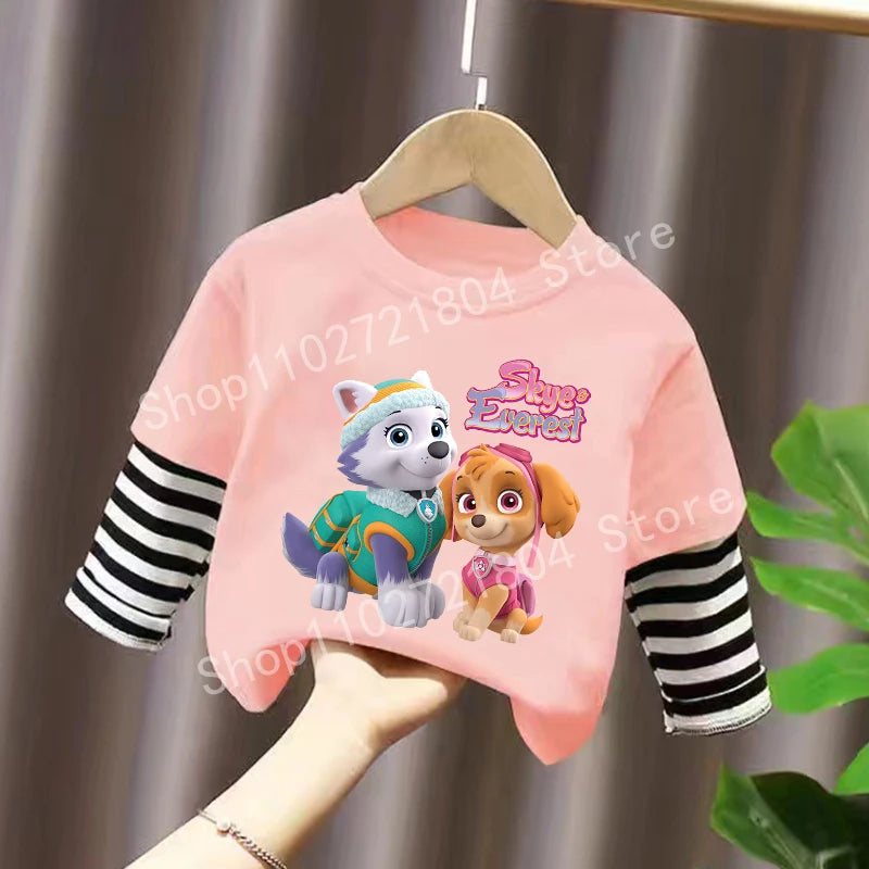 PAW Patrol T-shirt Cute Cartoon Print Long Sleeve Round Neck Kawaii Cotton Boys Girls Clothes Fashion Hip Hop Children Clothing