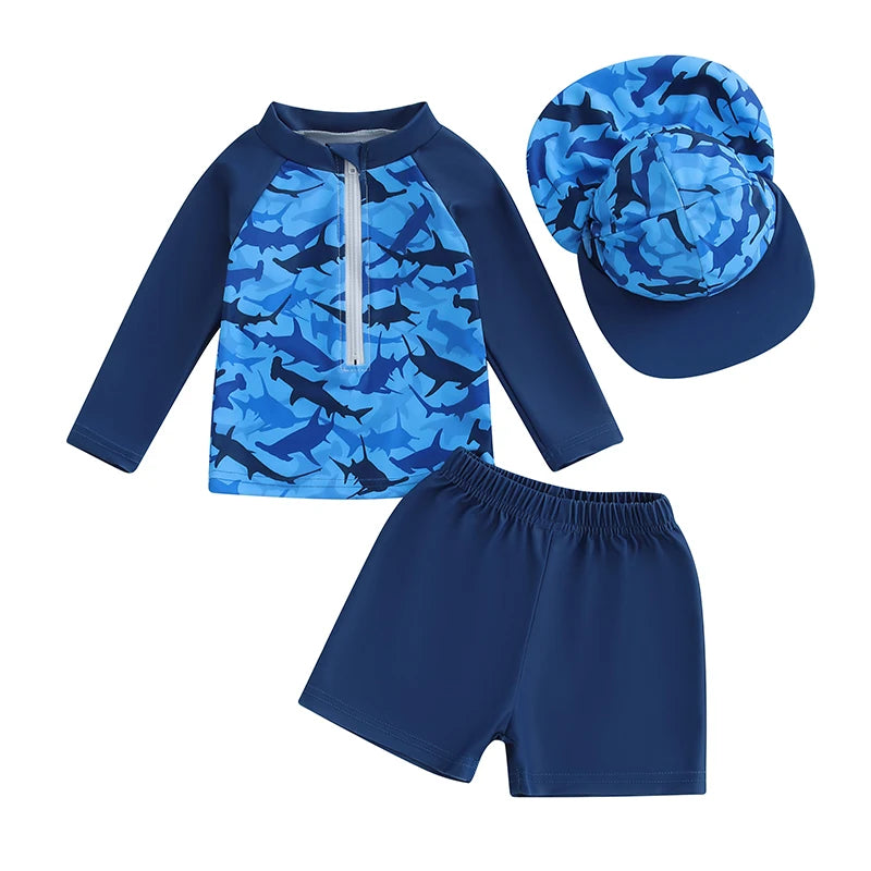 0-36months Toddler Boys Rash Guard Swimsuit Set Animal/Coconut Tree Print Long Sleeve Tops with Shorts and Swim Hat