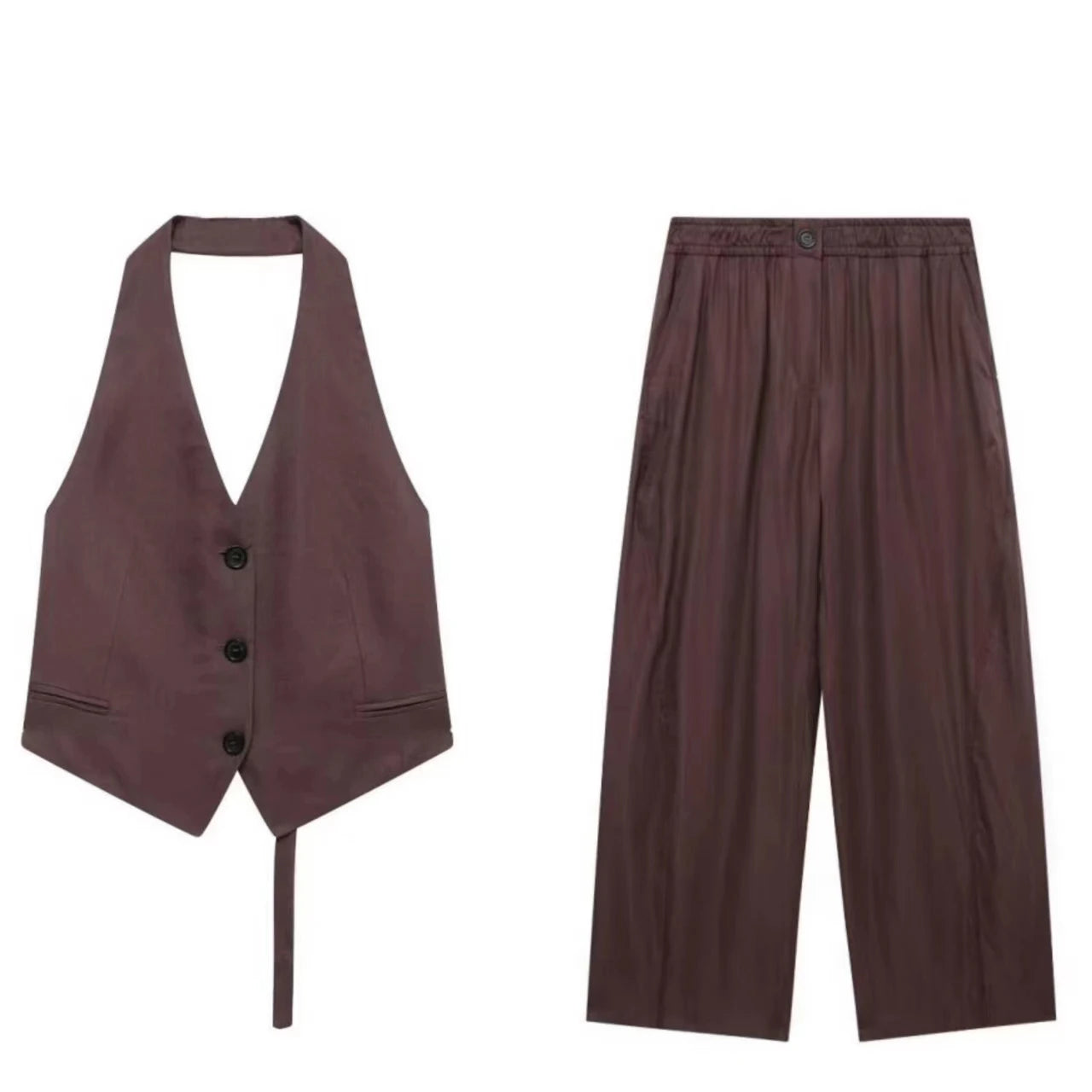 KONDALA Vintage Chic Women Suit Solid Halter Backless Vest Straight Button Loose Pants Fashion 2025 Autumn Office Lady Set