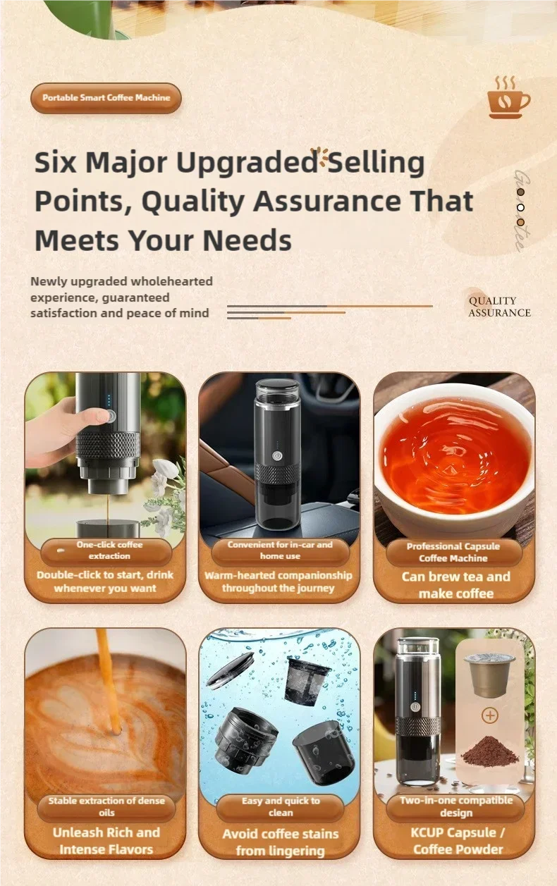 Portable electric coffee machine is suitable for ground coffee and KCUP capsules, but it does not have a heating function