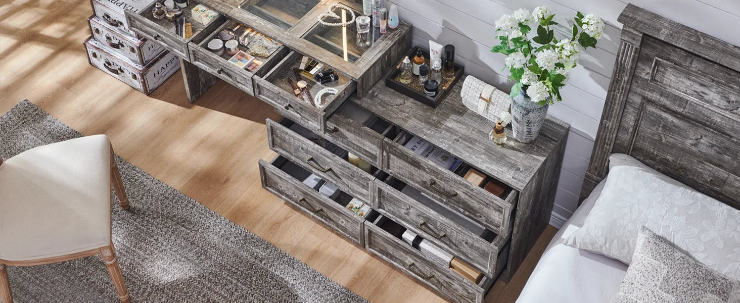 Rustic wood bedroom dresser, 69" wide, with glass top, 9 large storage drawers, 3 usable color lights and 30" HD LED mirror
