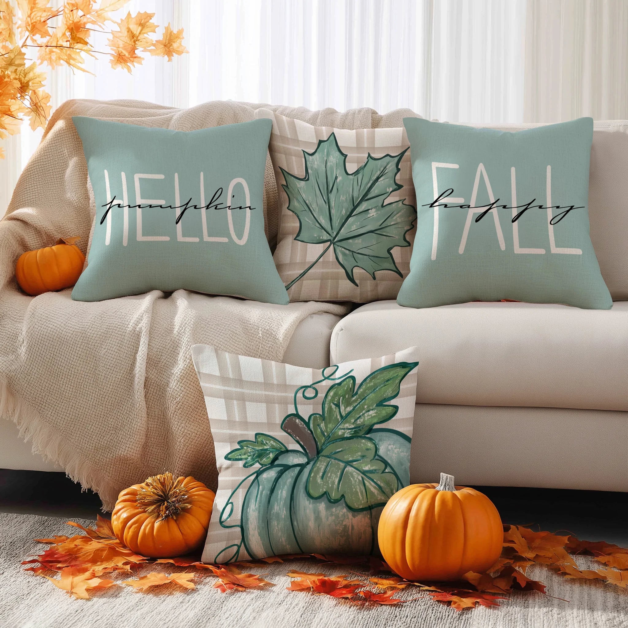 4 قطع من أغطية الوسائد لعيد الشكر، نقشة اليقطين، ورقة القيقب، غطاء وسادة مخطط، غطاء وسادة ديكور منزلي بنقشة مرحباً بالخريف