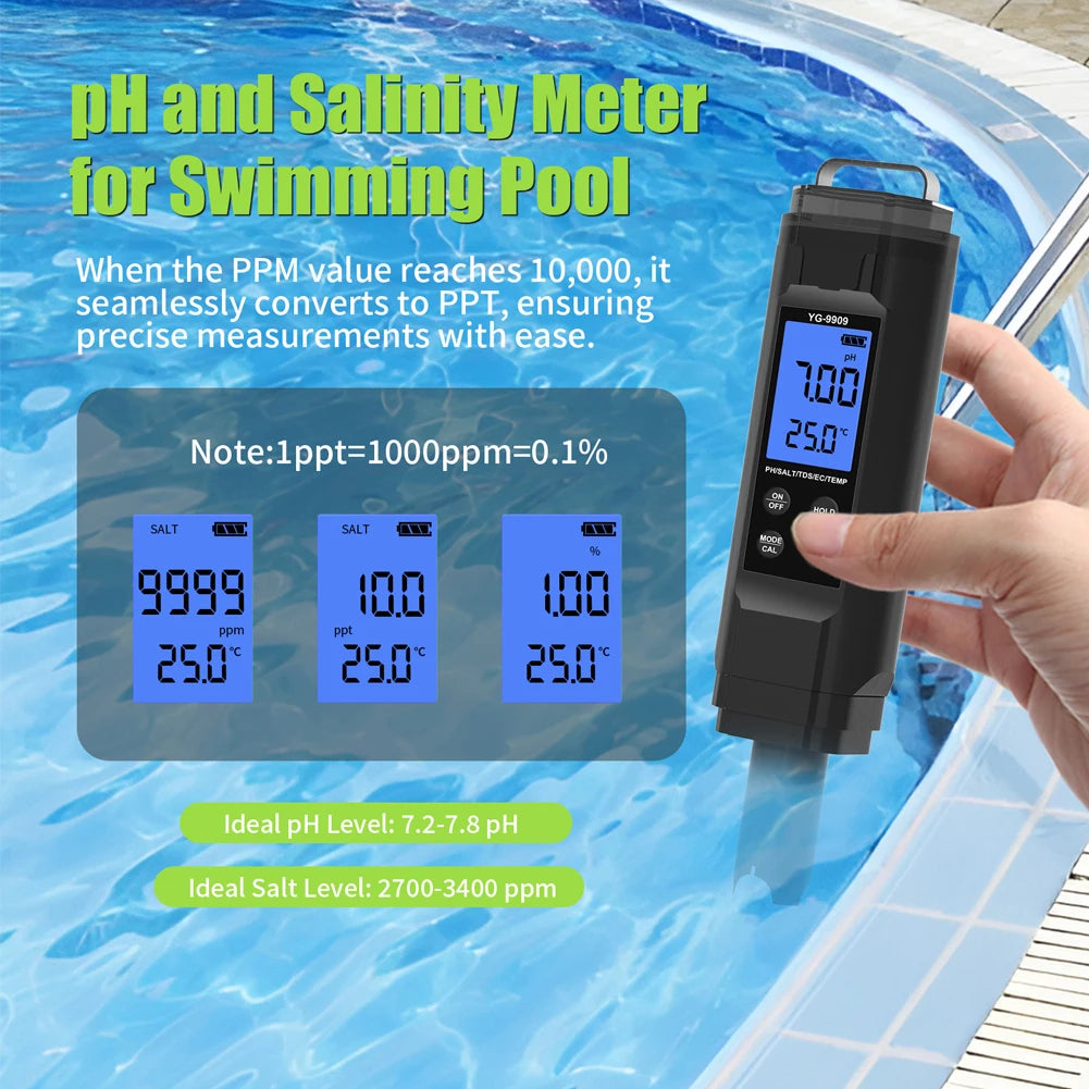5 in 1 Digital Water Quality Tester Pen Salinity/PH/Temp/EC/TDS Meter for Drinking Water/Aquariums/Hydroponics/Pools