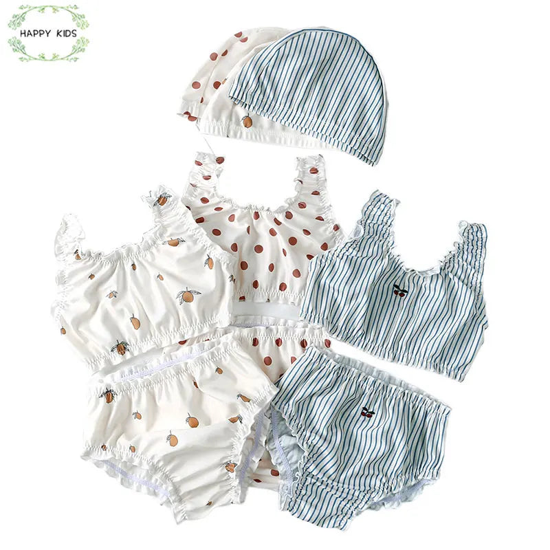 Summer Sun Protection Kids Girls Swimsuits+Hat Clothing Toddler Girl Swimwear Print Baby Bikini Split Swimsuit Vacation Swimming