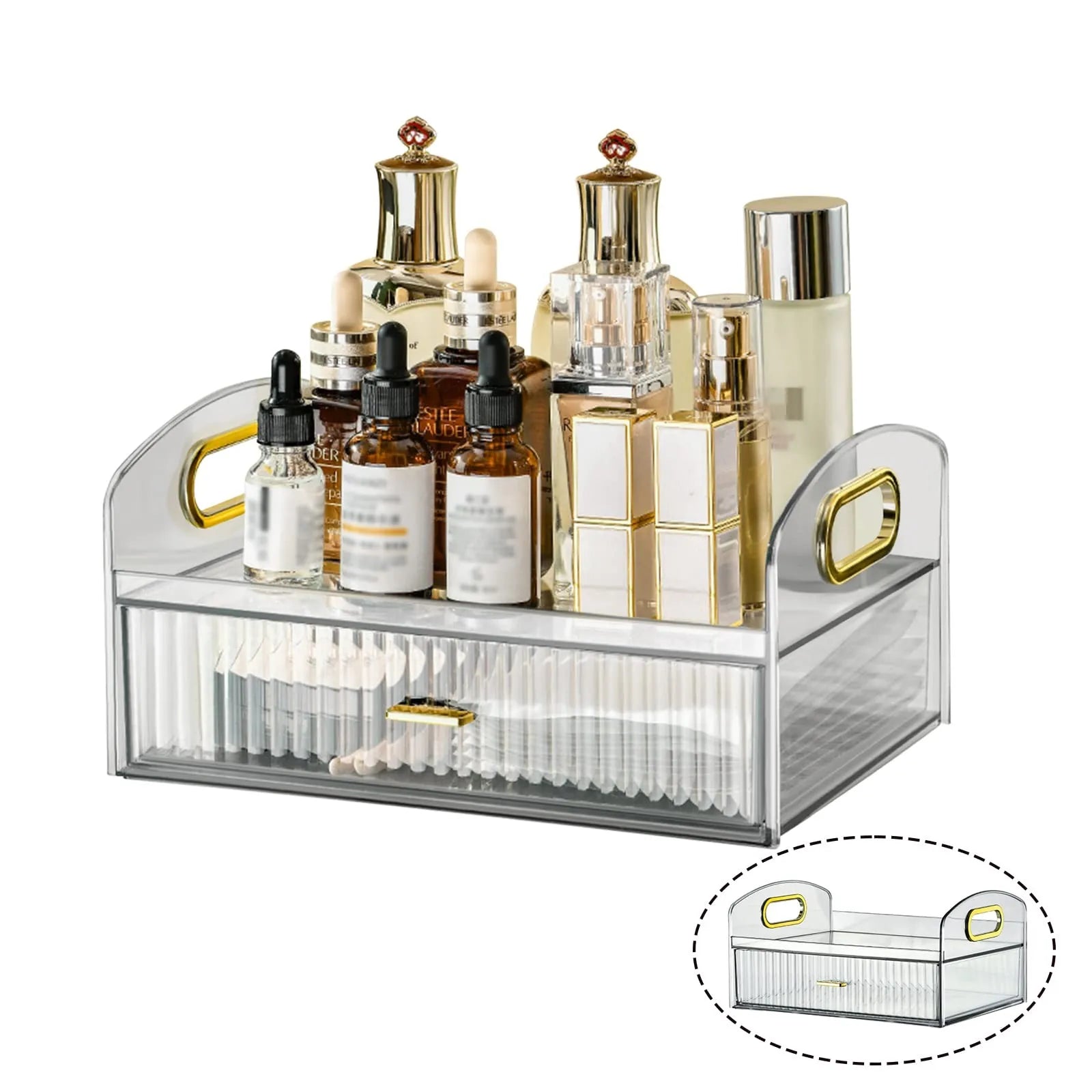 Makeup Organizer Countertop Clear Cosmetics Storage Boxes with Drawers & Portable Handle For  Vanity Skincare Desktop Bathroom