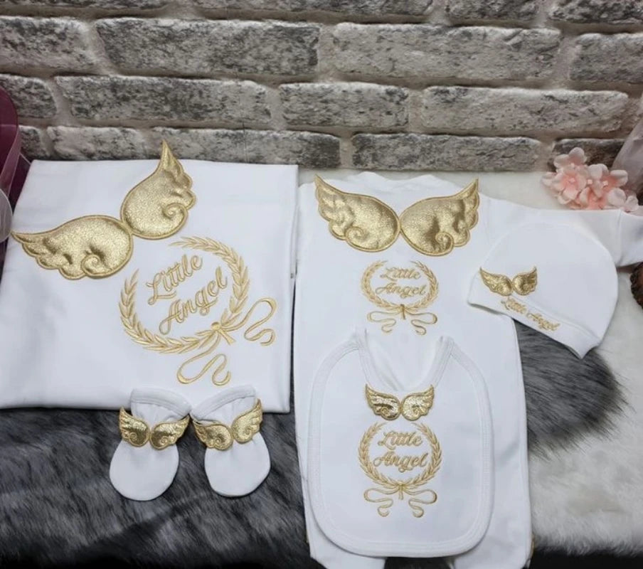 Dollbling 5pcs Wings Outfits Any Name Personalized Sweetwood Embroidery Gift Set Baby Pajamas Hat Welcome Home Ceremonial dress