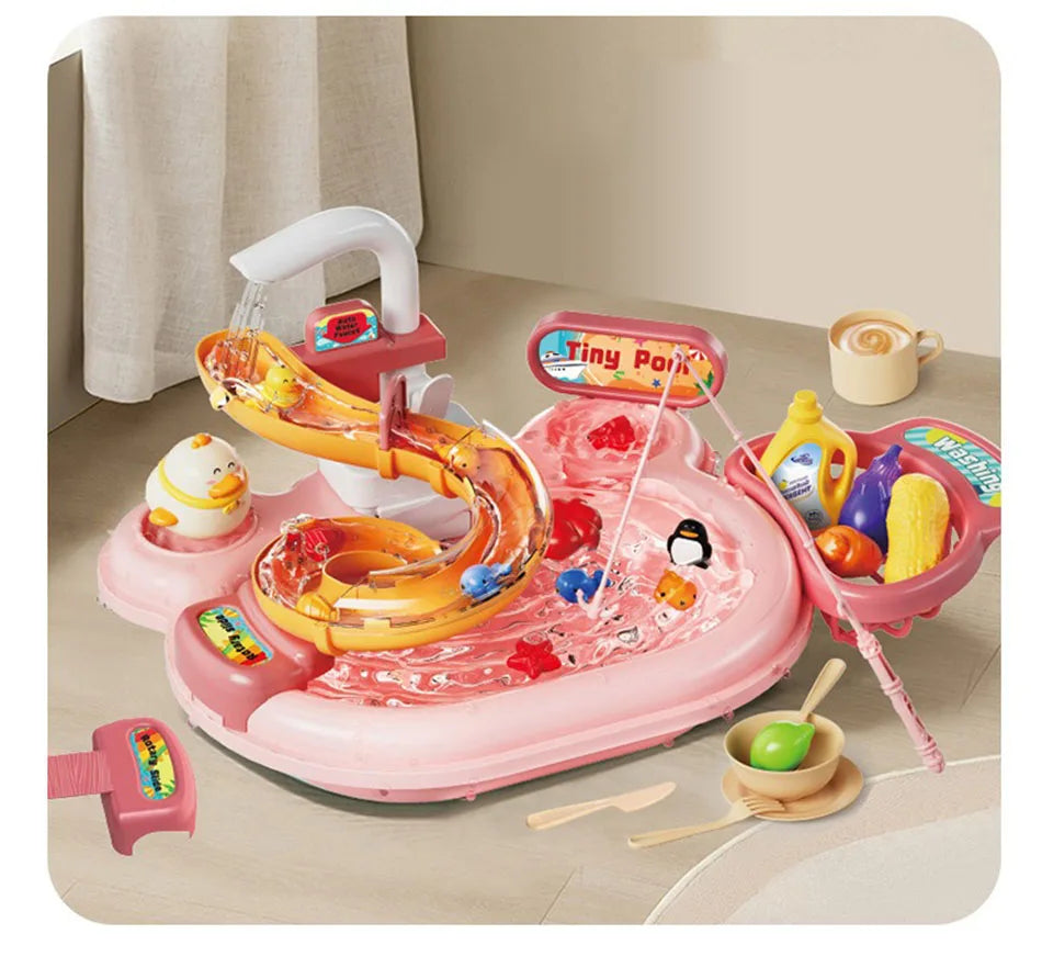 Kids Kitchen Sink Toys Electric Dishwasher Playing Toy With Running Water Pretend Play Food Fishing Toy Role Playing Girls Gift
