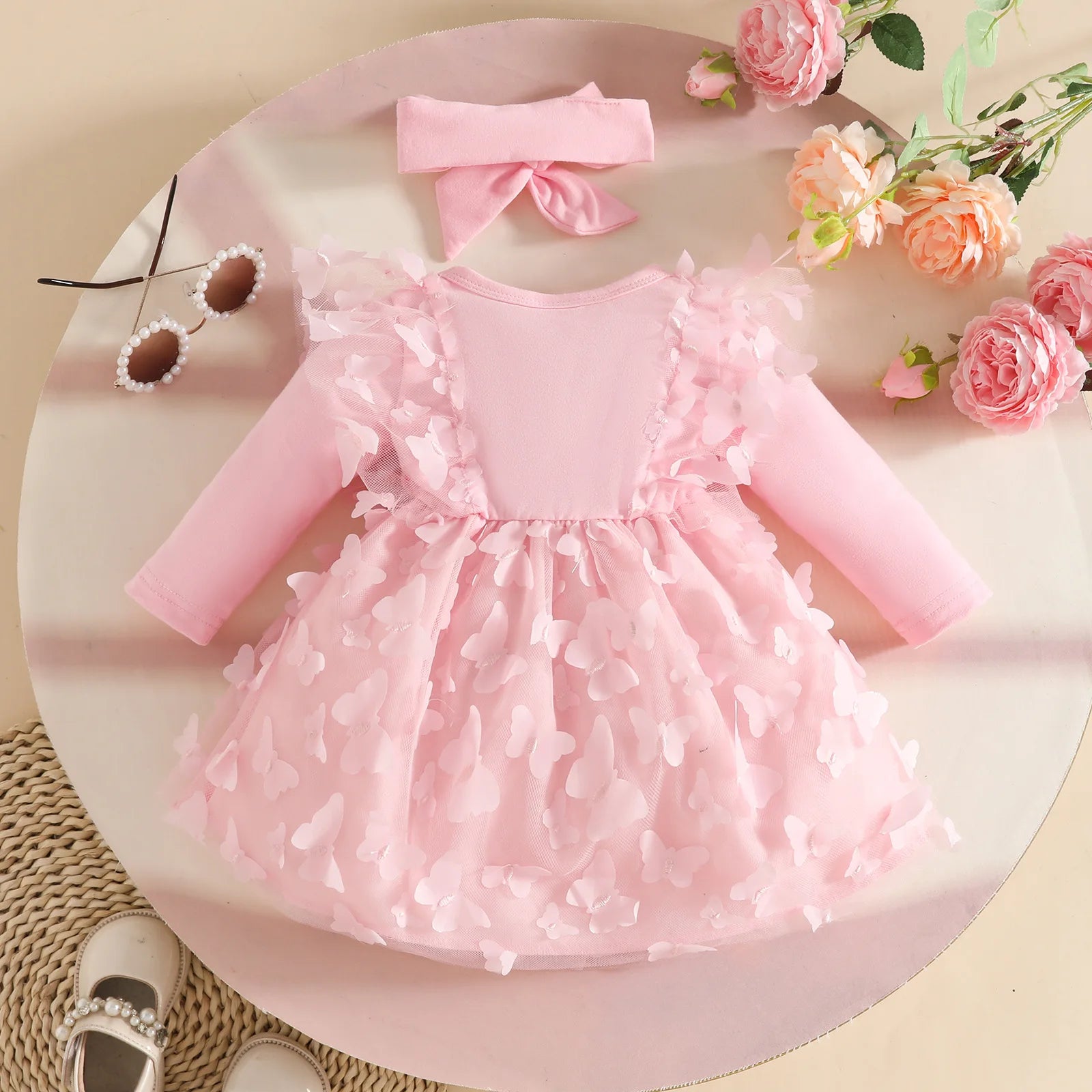 0-2Y Baby Girl Clothes 2Pcs Set Butterfly Tulle Patchwork Bow Baby Dresses for Newborn Girls and Headband Princess Party Outfit
