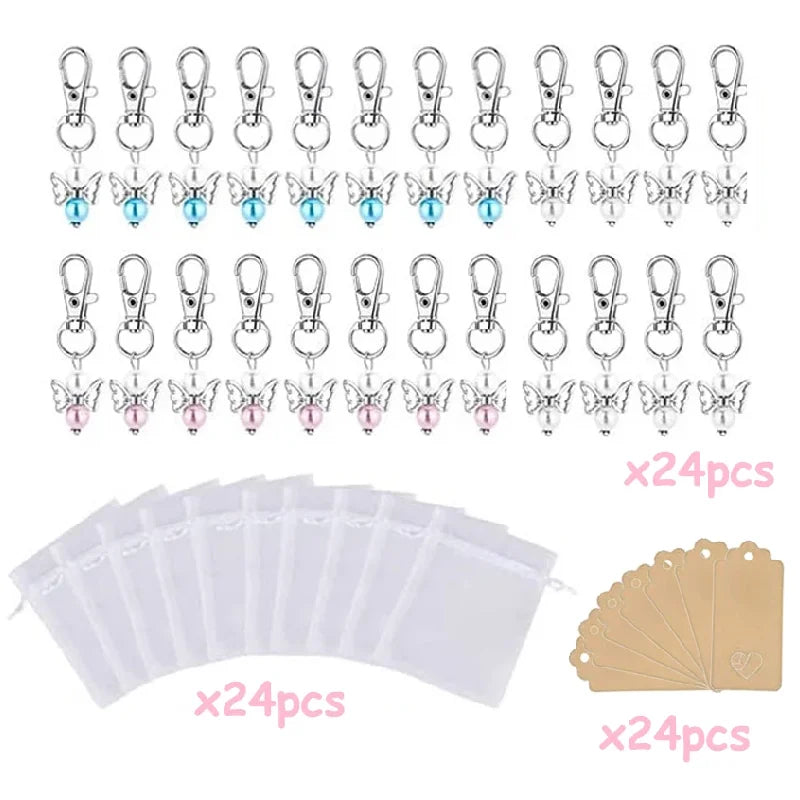 24Set Angel Pendants, Keychain with Organza Pouch and Kraft Paper Pendant for Wedding,Party,Christmas,Thank You Gift,Christening