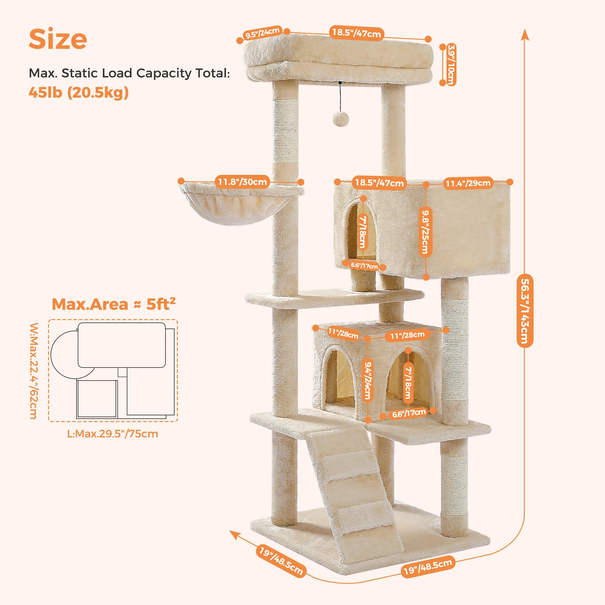 Stable&Safe Multi-Level Cat Tree Tower with Cozy Condo,Scratching Posts&Boards,Perches,Hammock,Pompoms for Active Cats,Cat Toys