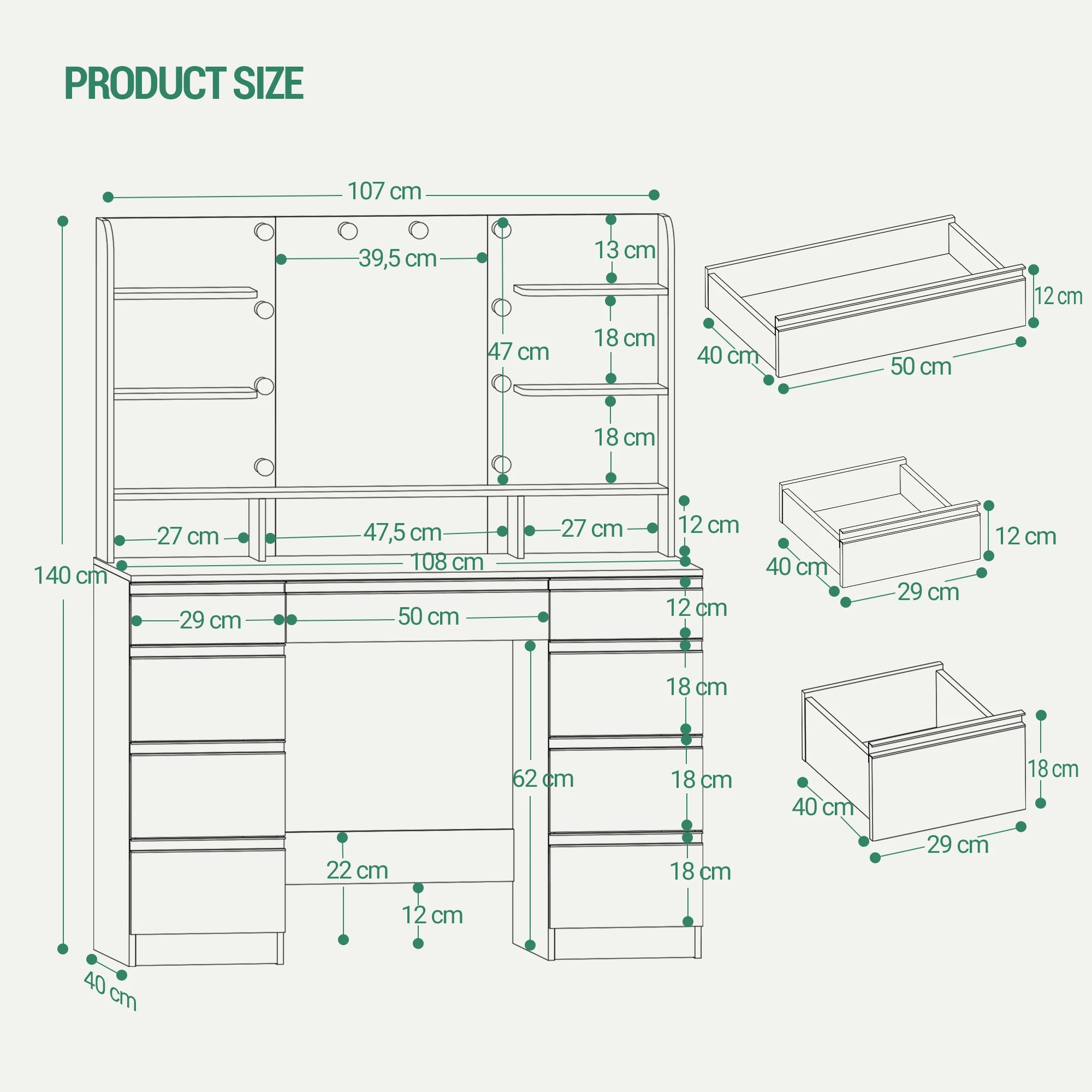 Hzuaneri Coiffeuse avec 10 boules lumineuses LED, luminosité réglable, grand miroir HD, 1 grand tiroir et 8 petits armoires à tiroirs